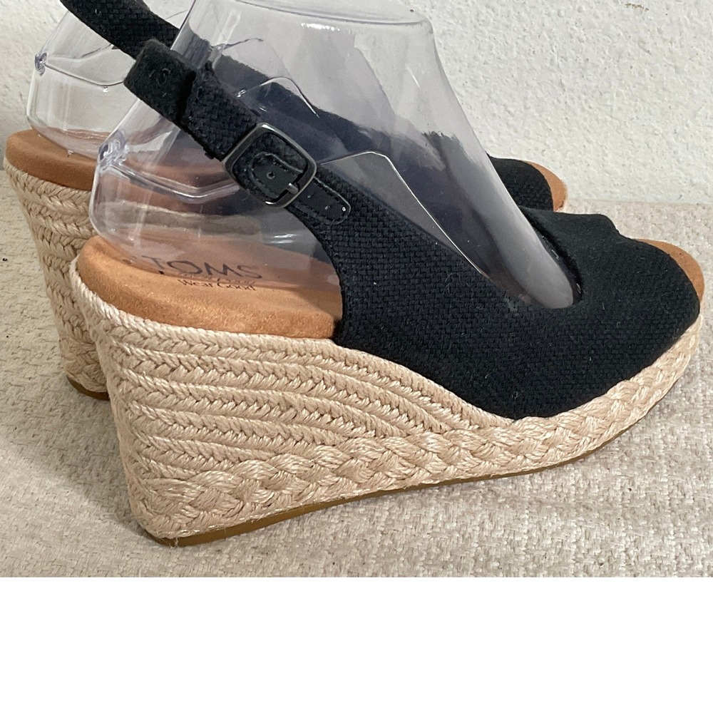 TOMS Black Canvas Peep Toe Espadrille Wedge Slingback Sandals 10022387 Womens 8 - Picture 14 of 14